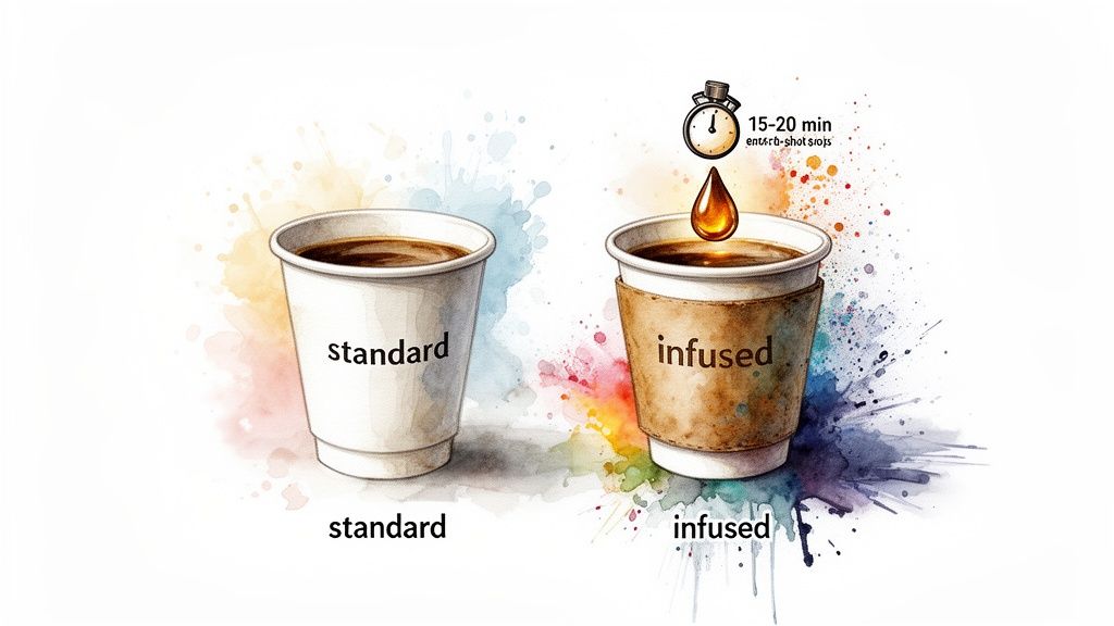 Two illustrated coffee cups, one labeled 'standard' and the other 'infused' with a timer and drip.