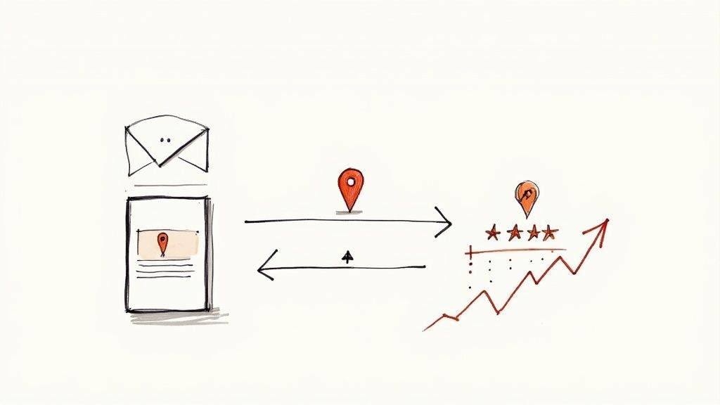 Local business marketing cycle showing customer reviews, location pins, and performance growth metrics