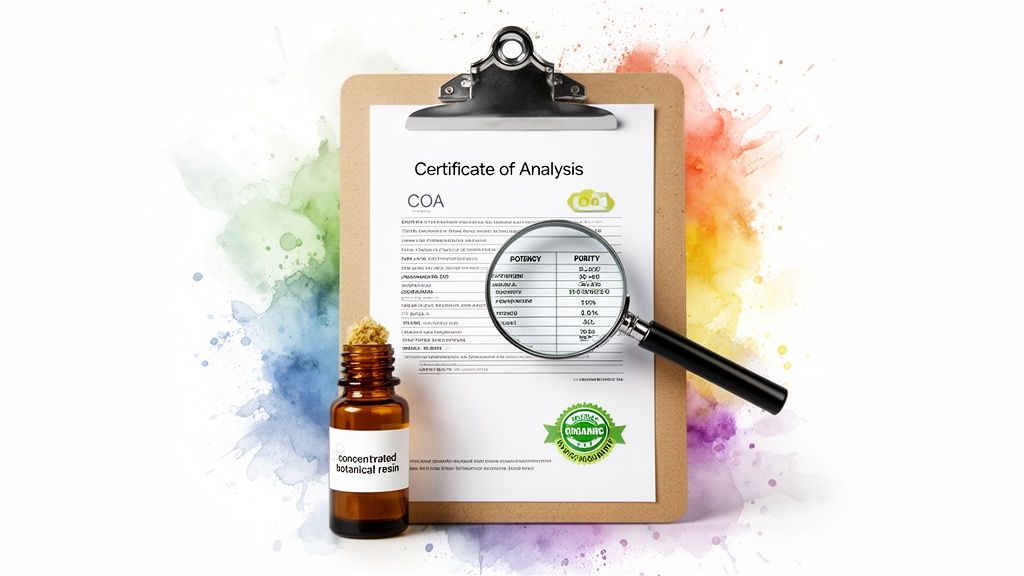 A Certificate of Analysis for concentrated botanical resin, viewed through a magnifying glass, with an organic seal.