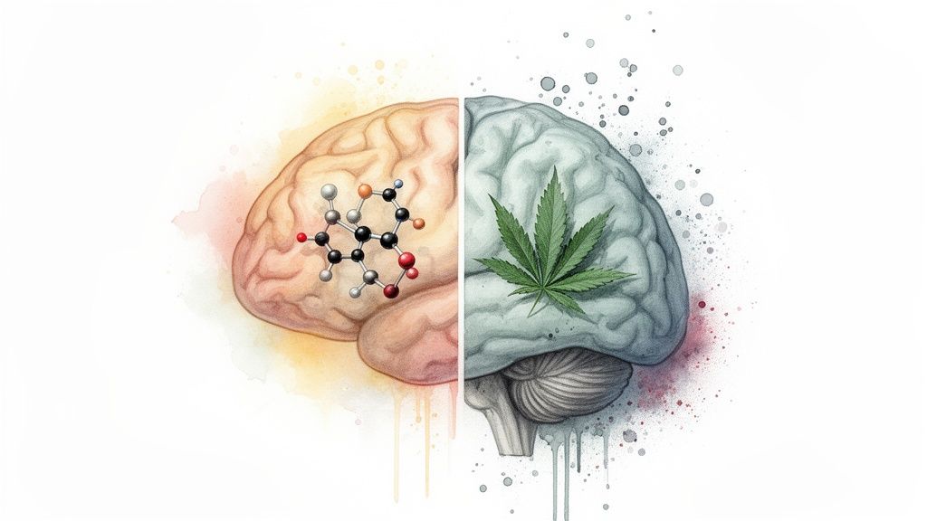 An illustration of a brain split in half, one side with a molecular structure, the other with a cannabis leaf.