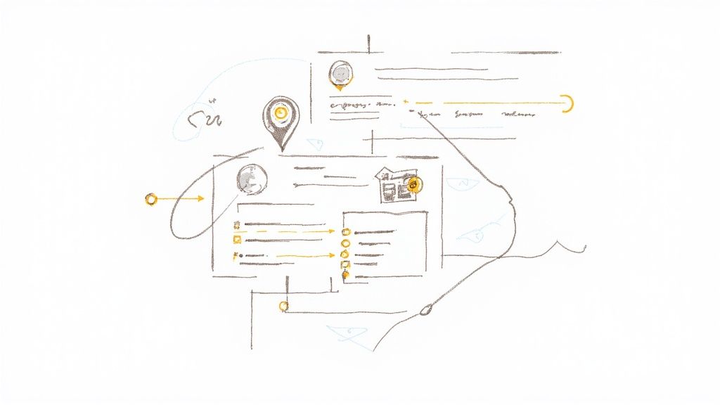 Abstract hand-drawn flowchart illustrating a complex process with various interconnected elements, including location pins and lists.