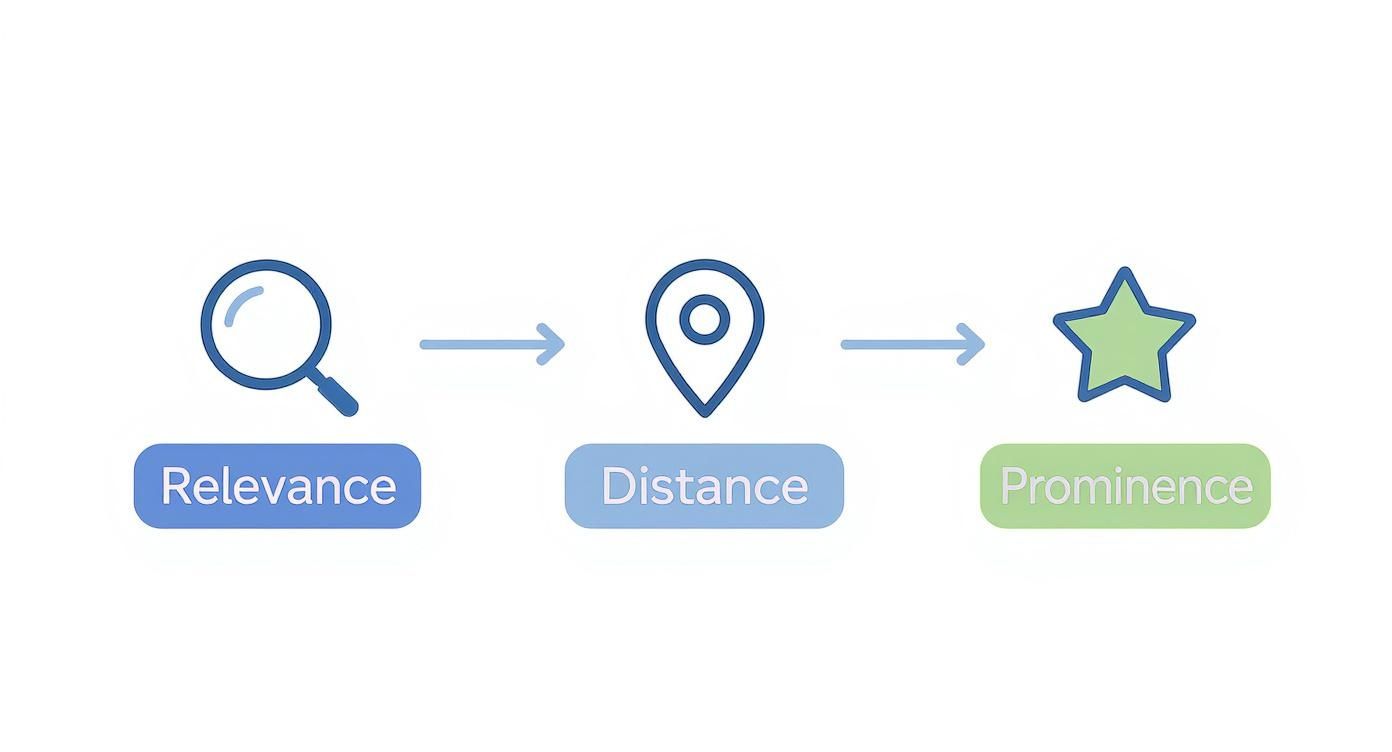 Diagram showing three key factors for local search ranking: Relevance, Distance, and Prominence.