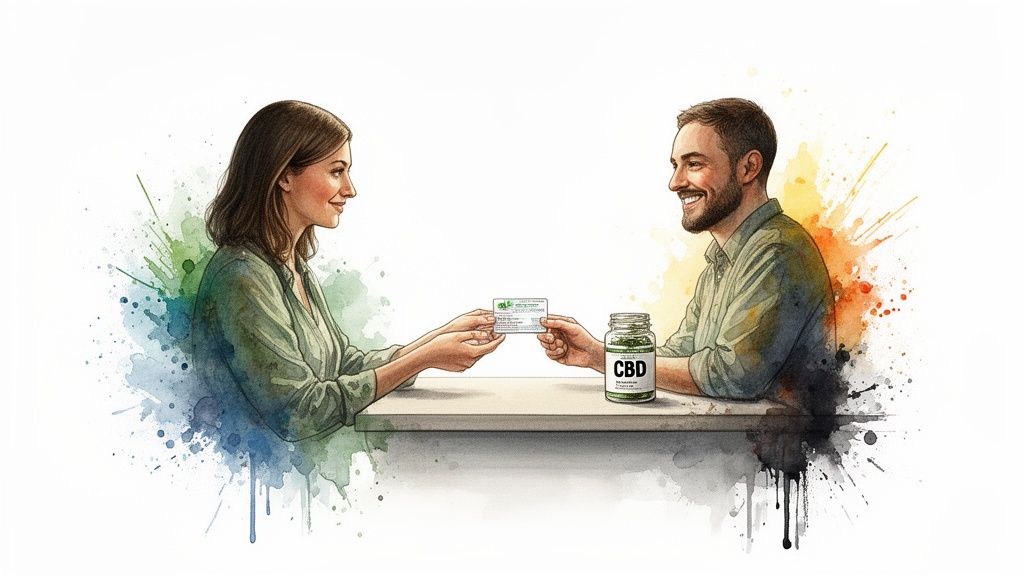 A smiling woman hands a medical card to a man holding a CBD jar, watercolor style.