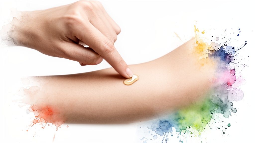 A hand applies a drop of liquid foundation to a forearm with colorful watercolor splashes.