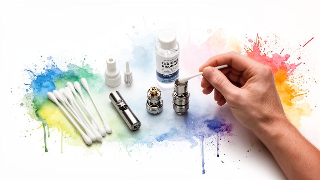 A hand cleans a disassembled wax pen with a cotton swab and rubbing alcohol, surrounded by cleaning tools.