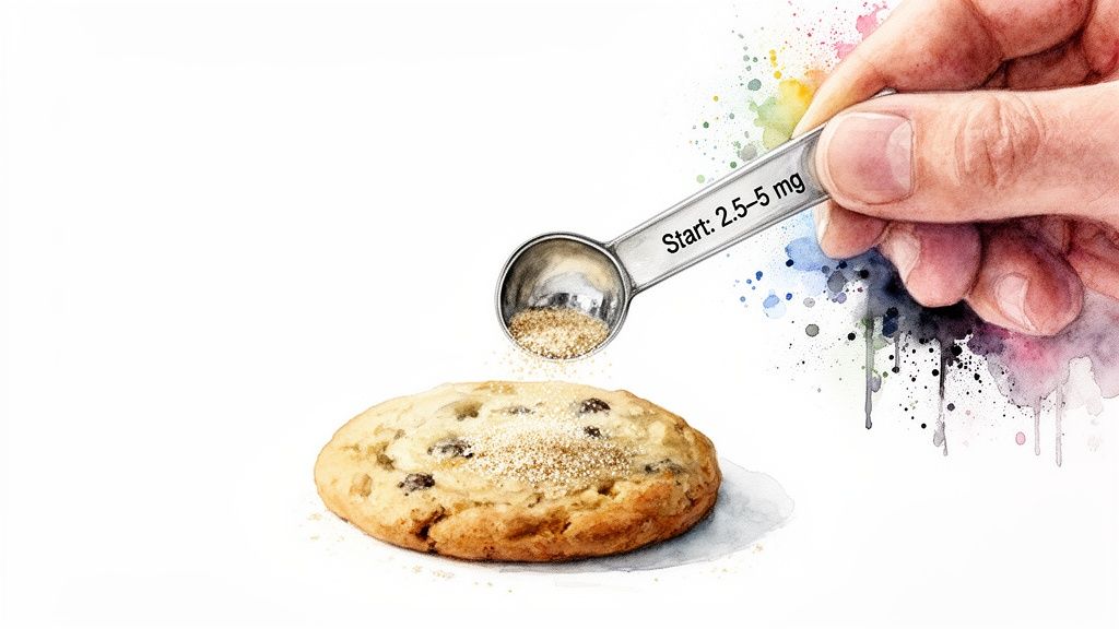 A hand sprinkles a substance labeled 'Start: 2.5-5 mg' from a spoon onto a chocolate chip cookie.
