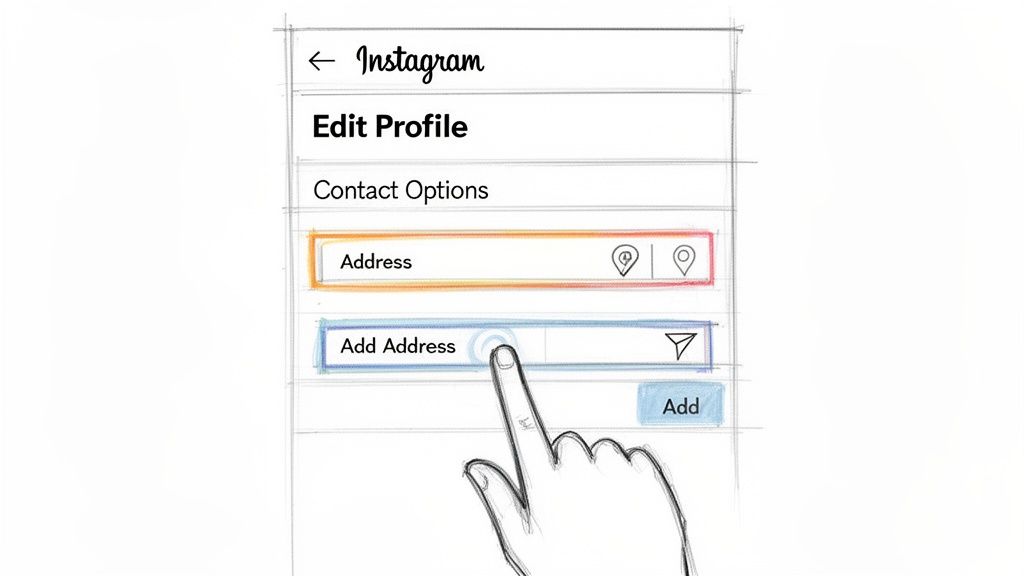 A sketch of a hand tapping the 'Add Address' field on Instagram's 'Edit Profile' screen.