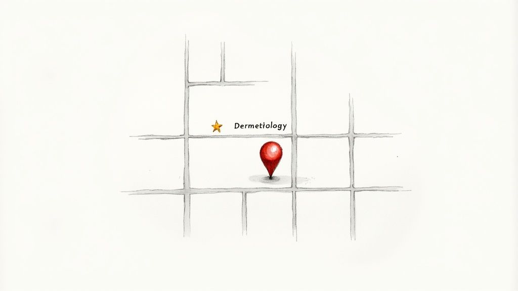 A hand-drawn map with a grid of streets, a red location pin, a golden star, and 'Dermetielogy'.