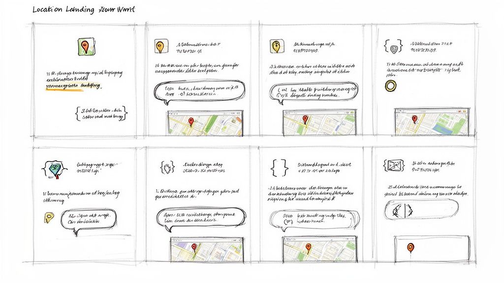 Hand-drawn wireframe sketches for a location landing page, displaying various map interfaces and UI elements.