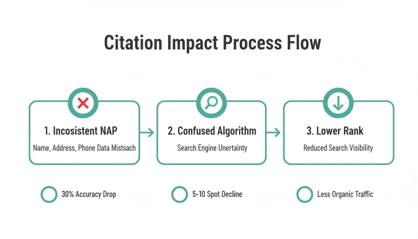 A flow chart illustrating how inconsistent NAP data leads to confused algorithms and lower search engine ranks.