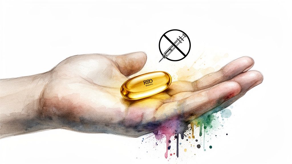 Watercolor illustration of a hand holding a golden RSO capsule, with a 'no syringe' symbol above.