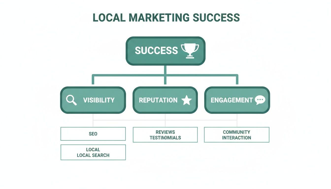 Flowchart illustrating local marketing success through visibility, reputation, and engagement strategies.