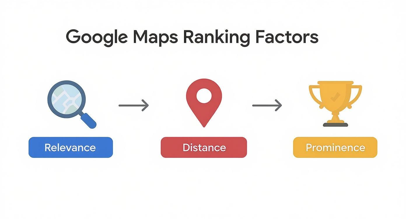 Google Maps ranking factors diagram showing relevance, distance, and prominence with icons and arrows