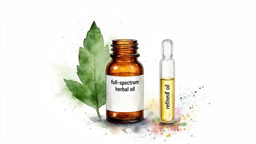Watercolor illustration comparing full-spectrum herbal oil in amber bottle with refined oil in an ampoule, beside a green leaf.