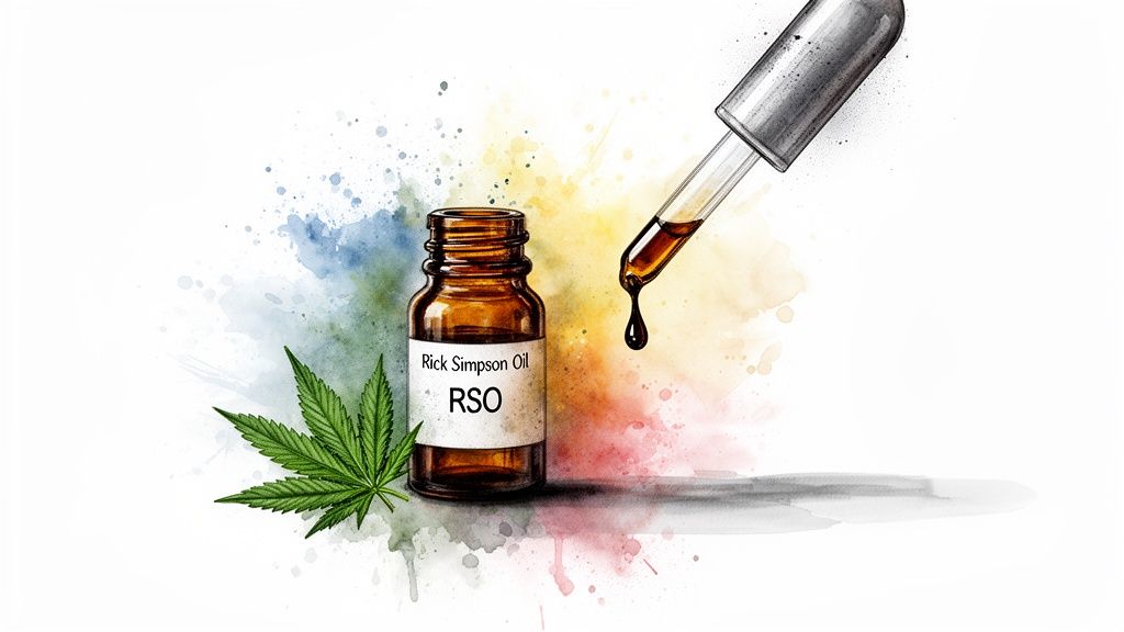A bottle of Rick Simpson Oil (RSO) with a cannabis leaf and a dropper dripping oil, against a colorful watercolor background.