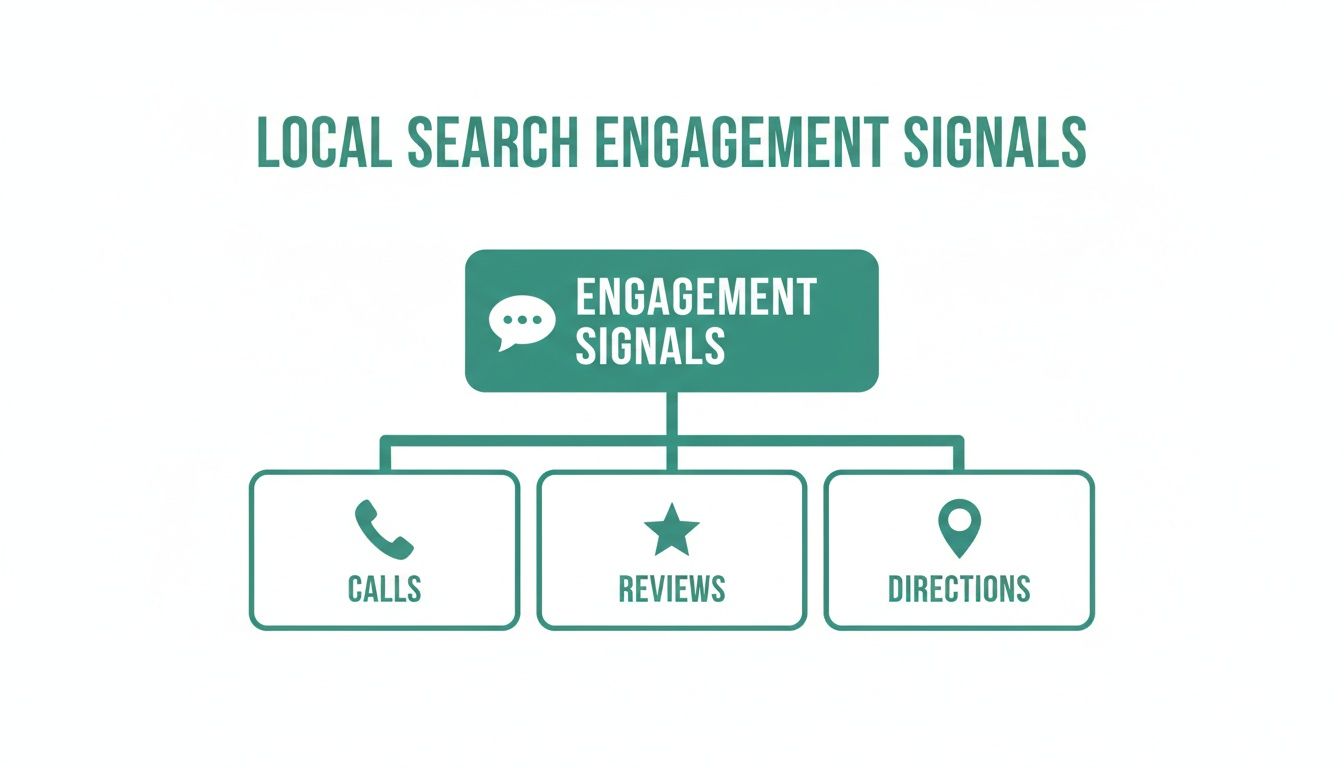 Diagram illustrating local search engagement signals, including calls, reviews, and directions.