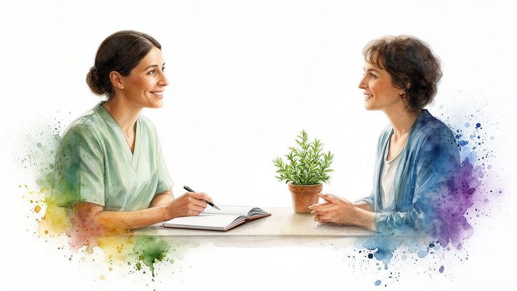 A smiling healthcare professional consults with a patient across a table with a potted plant, watercolor style.