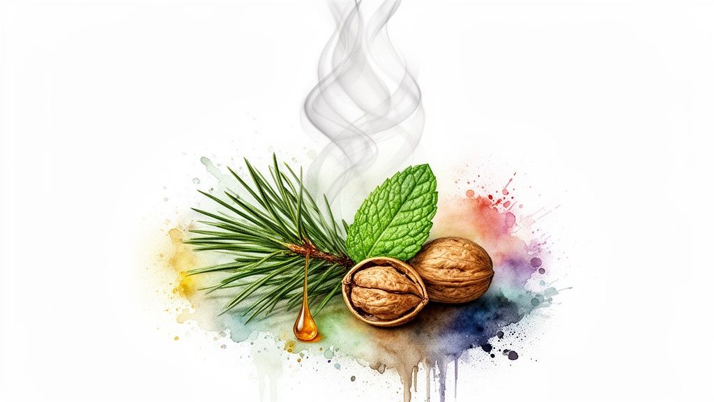 A vibrant watercolor illustration featuring a pine branch with sap, a mint leaf, and walnuts, with smoke rising.