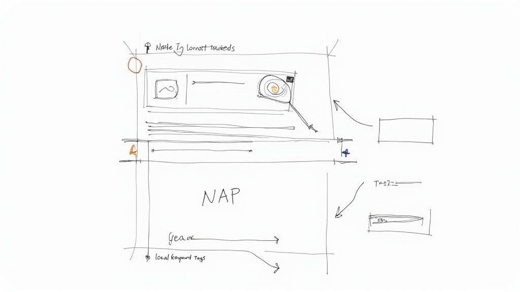 Hand-drawn wireframe sketch showing Google Maps local ranking interface with navigation and keyword tags