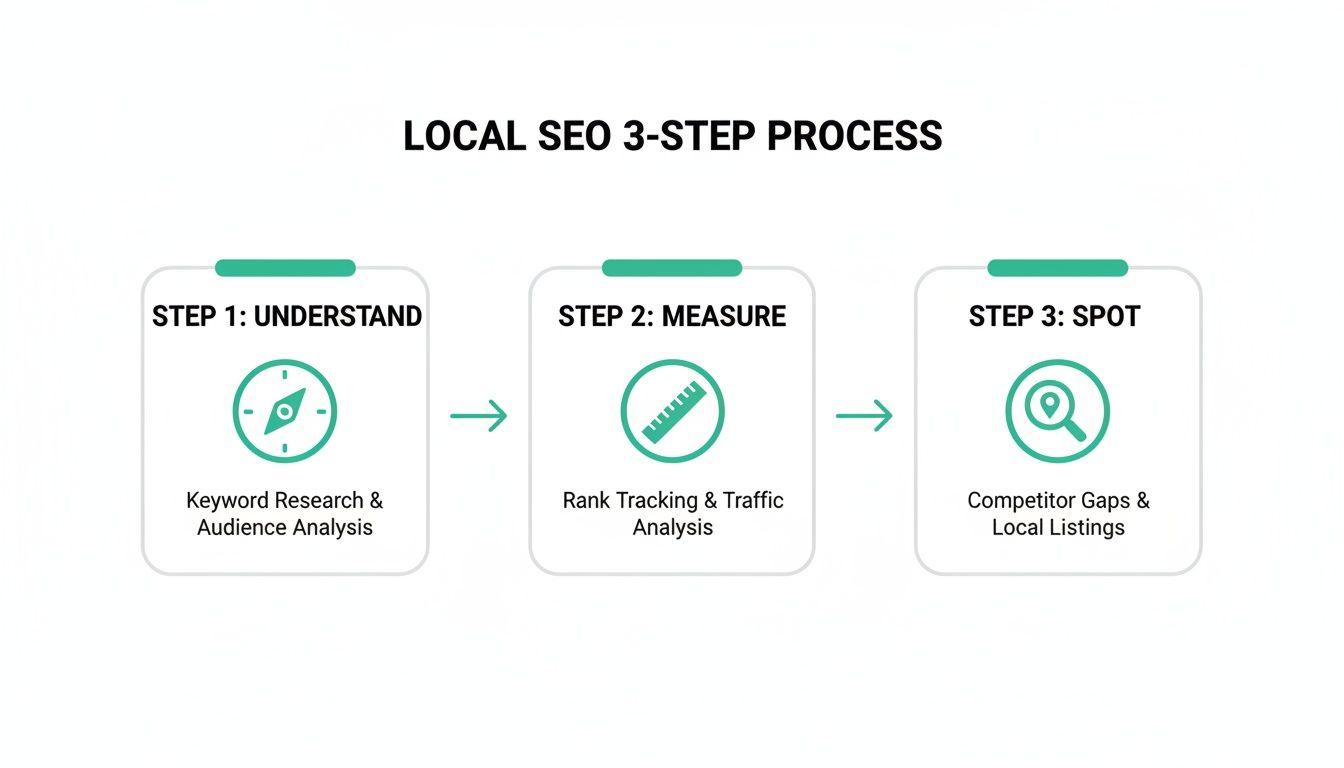 A diagram outlining a 3-step local SEO process: understand, measure, and spot results.