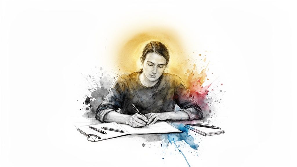 Artistic illustration of a person engrossed in writing, surrounded by colorful watercolor splatters.