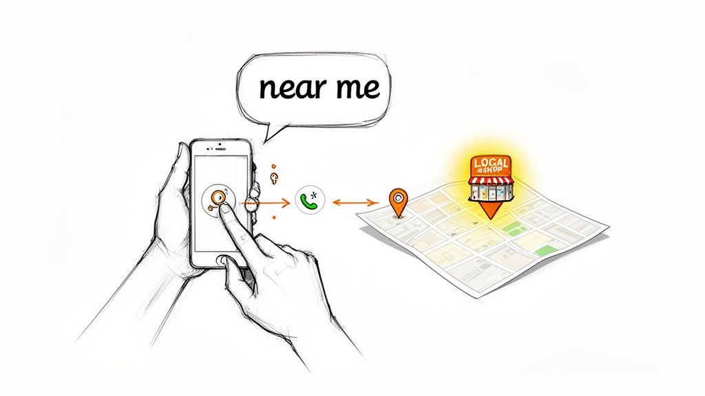 Hand using a smartphone with 'near me' voice search to find a local shop on a map.