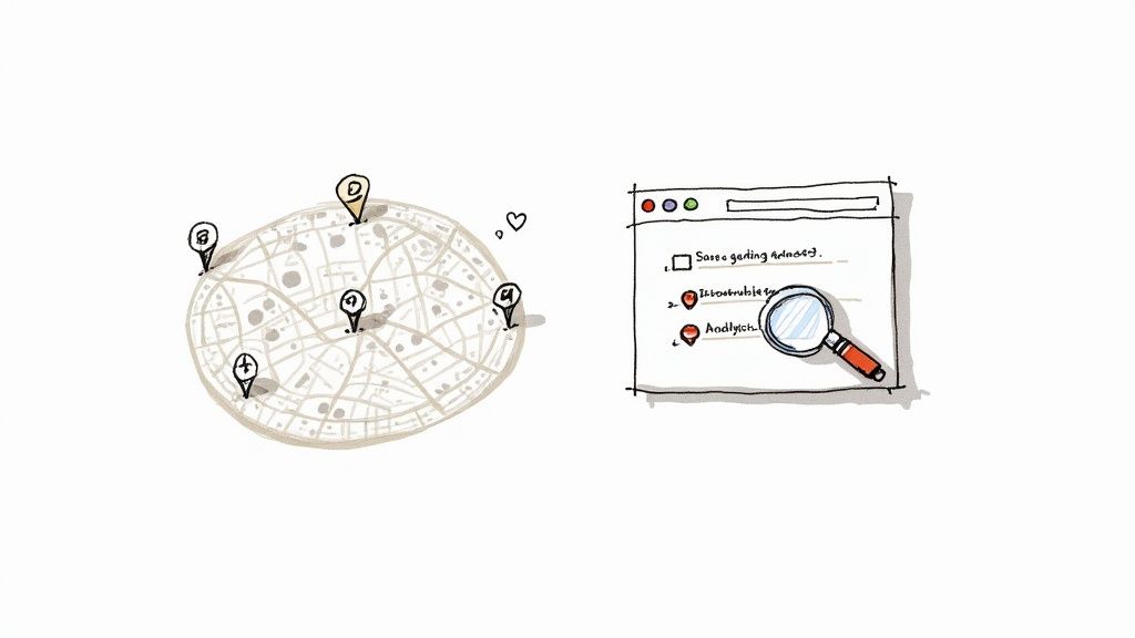 A hand-drawn illustration showing a map with multiple location pins and a web browser window with search results and a magnifying glass.