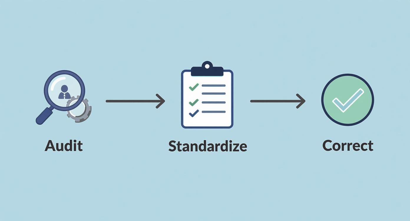 Three-step quality assurance process showing audit, standardize checklist, and correct completion icons with arrows