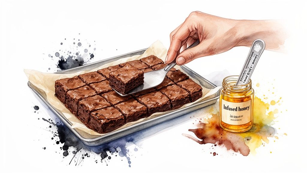 A watercolor illustration of a hand serving a brownie from a tray, with a jar of infused honey nearby.