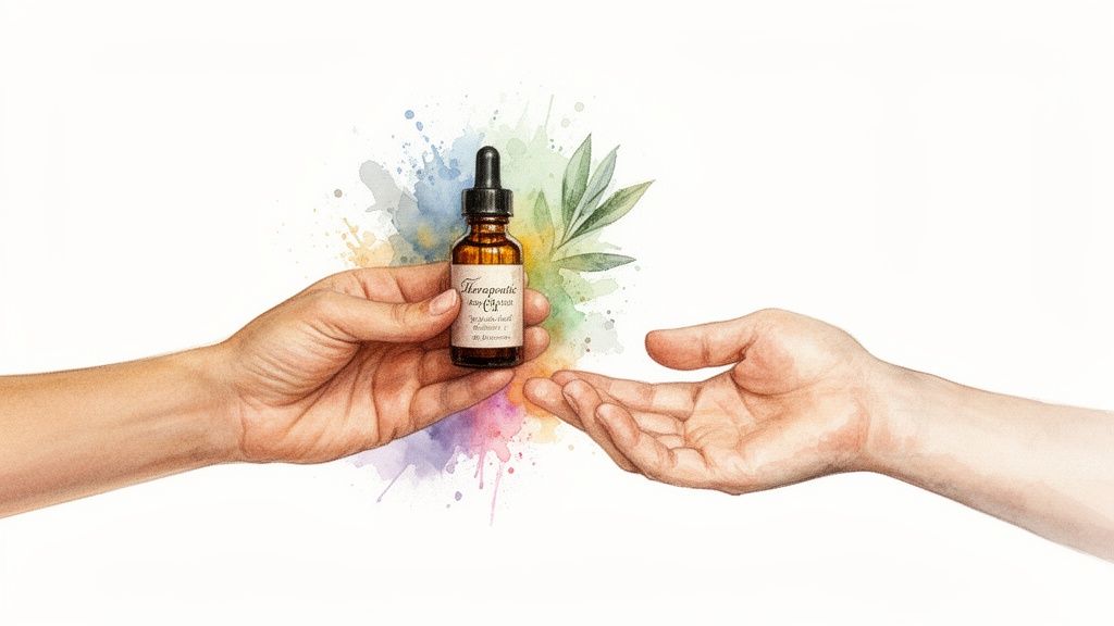 A hand offers a therapeutic dropper bottle with leaves and watercolor splashes to another open hand.