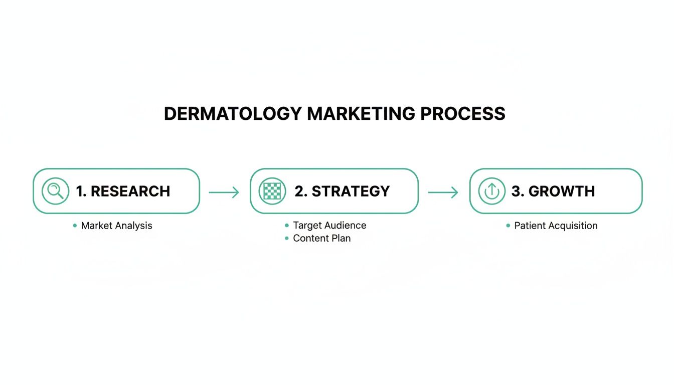 Visual flow of dermatology marketing process showing research, strategy development, and patient acquisition for growth.
