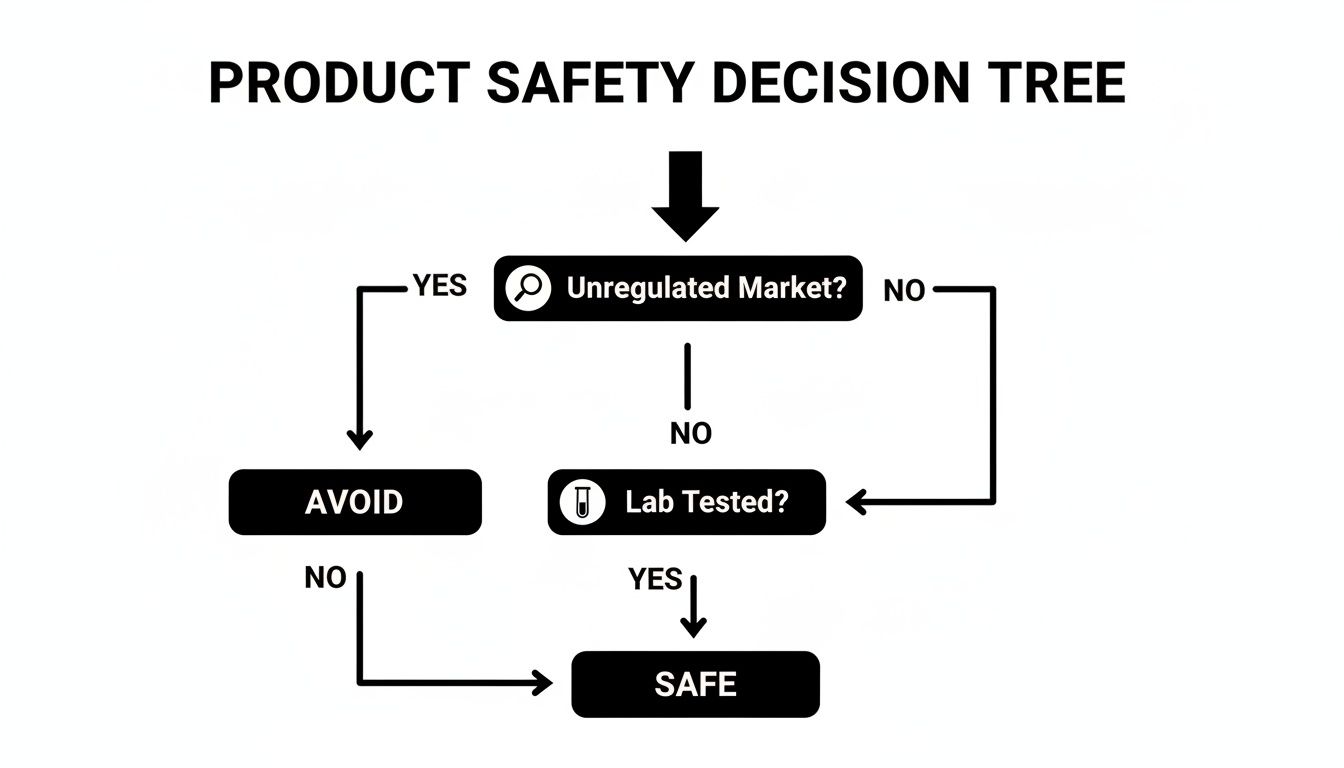 Decision tree outlining product safety: avoid unregulated or untested items, otherwise safe.
