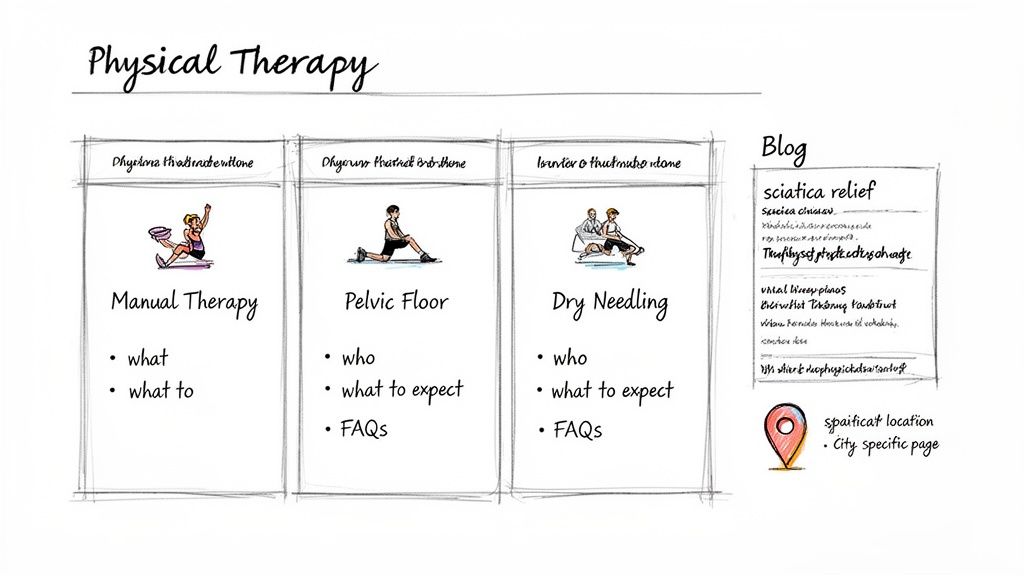 A sketched diagram outlining physical therapy services: Manual Therapy, Pelvic Floor, Dry Needling, plus a blog and location.