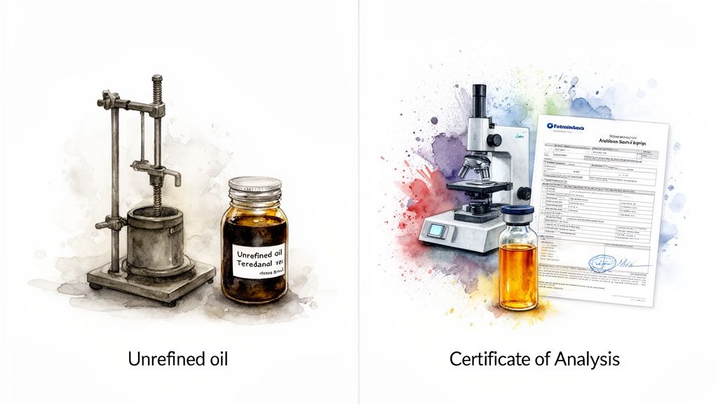 A side-by-side comparison illustrating unrefined oil processing and certified analysis with lab equipment.