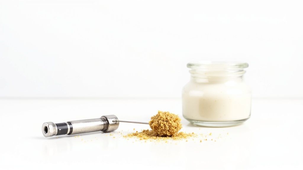 A metal dab tool holds a ball of brown live resin next to a jar of creamy concentrate on a white surface.