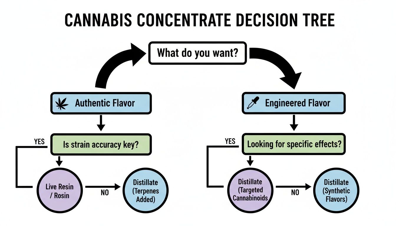 Flowchart illustrating a cannabis concentrate decision tree based on flavor preferences and desired effects.