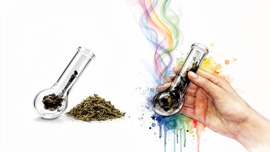 Glass pipes, one with dried herbs, another held by a hand with colorful smoke and watercolor splashes.