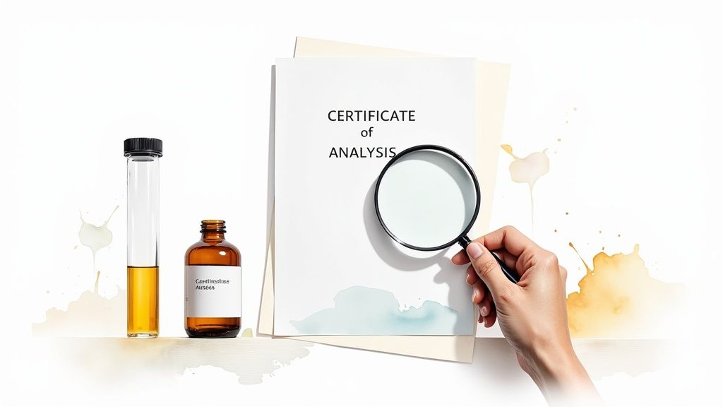 A hand with a magnifying glass examining a certificate of analysis next to a test tube and a bottle of amber liquid.