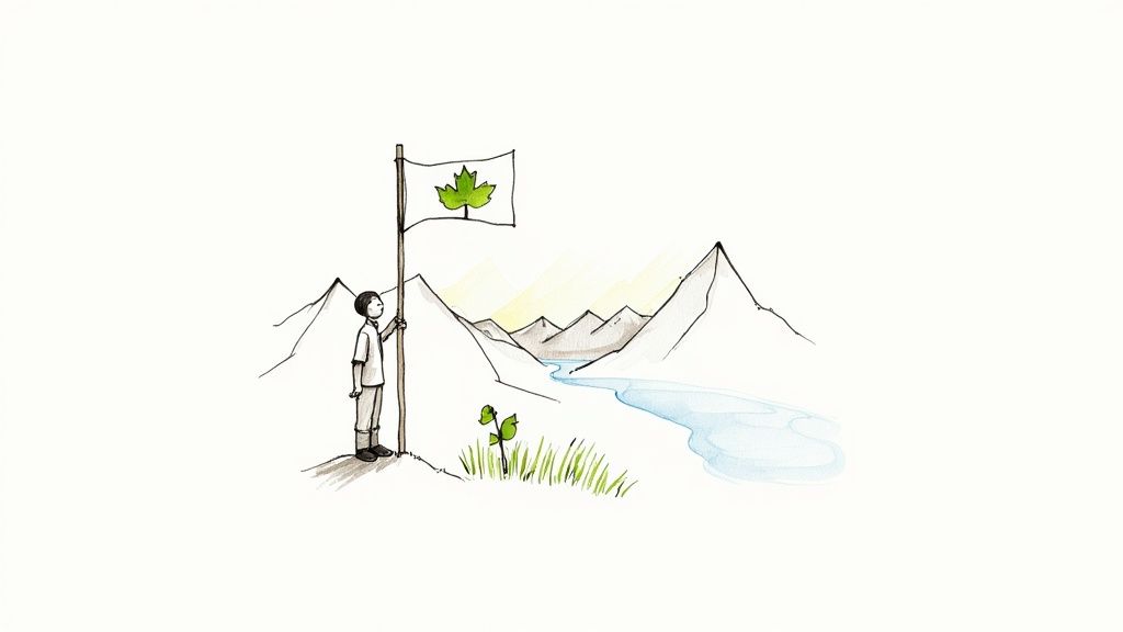 Person holding Canadian flag with maple leaf standing beside mountain landscape with stream