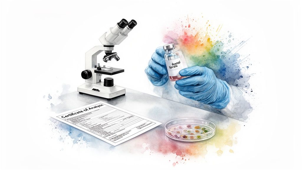Watercolor illustration of a scientist in a lab with a microscope, sample vial, and petri dish.