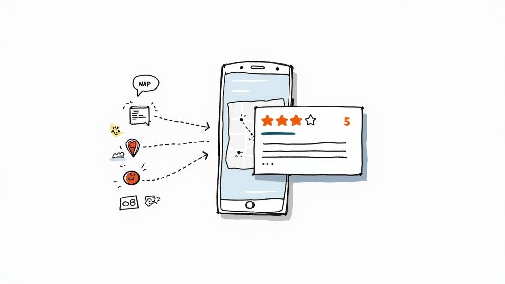 Hand-drawn illustration of local business information feeding into a mobile map application with customer reviews.