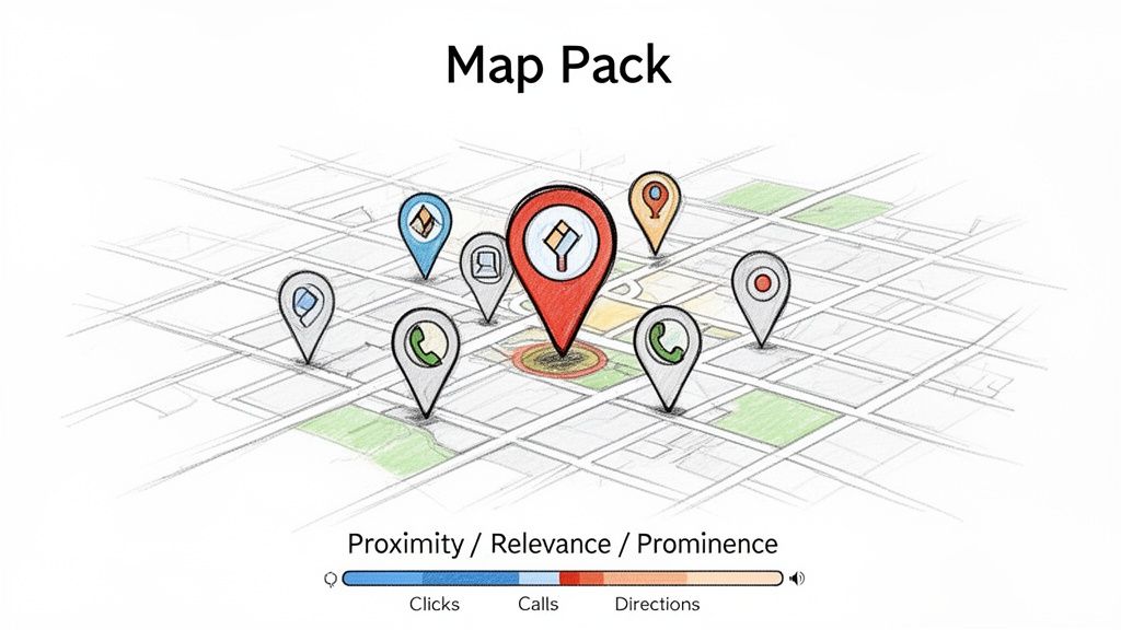 Illustration of a map pack showing local business pins, emphasizing proximity, relevance, and prominence for clicks, calls, and directions.