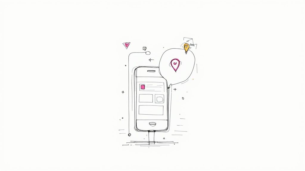 Hand-drawn illustration of a mobile phone app with pink and yellow location pin icons.