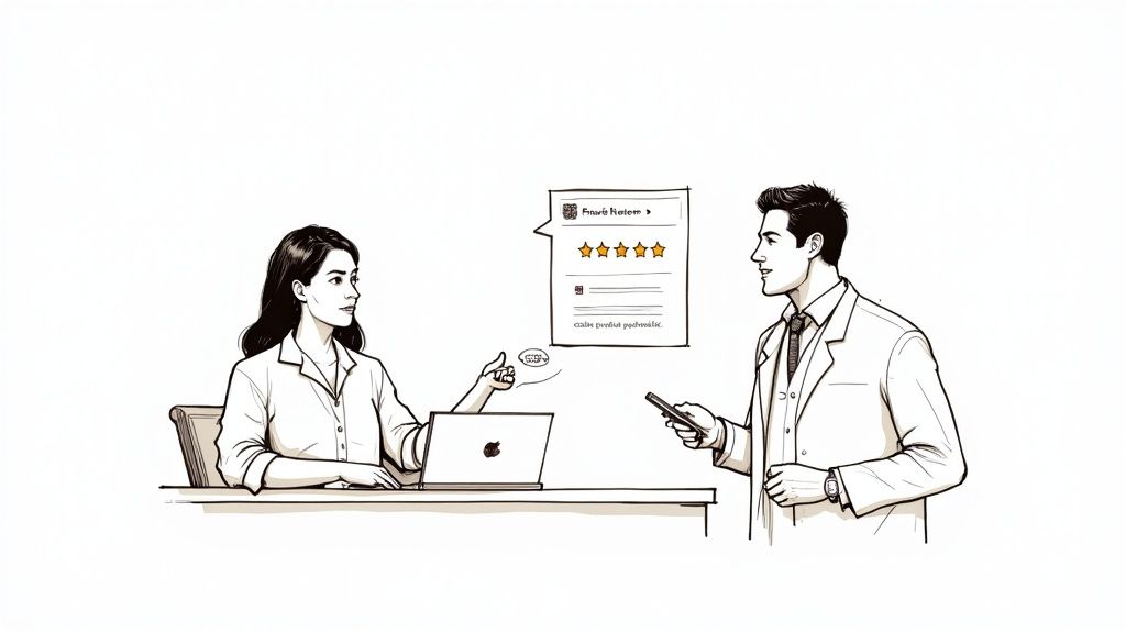 A veterinarian showing a pet owner information on a tablet in a well-lit exam room.