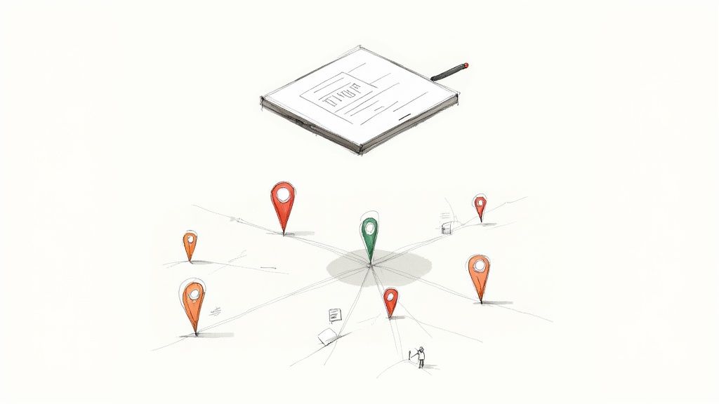 Digital tablet and stylus over a network of interconnected red, orange, and central green location pins.