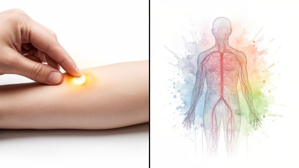 A hand touches an arm with a glowing spot, alongside an anatomical diagram of the human circulatory system.