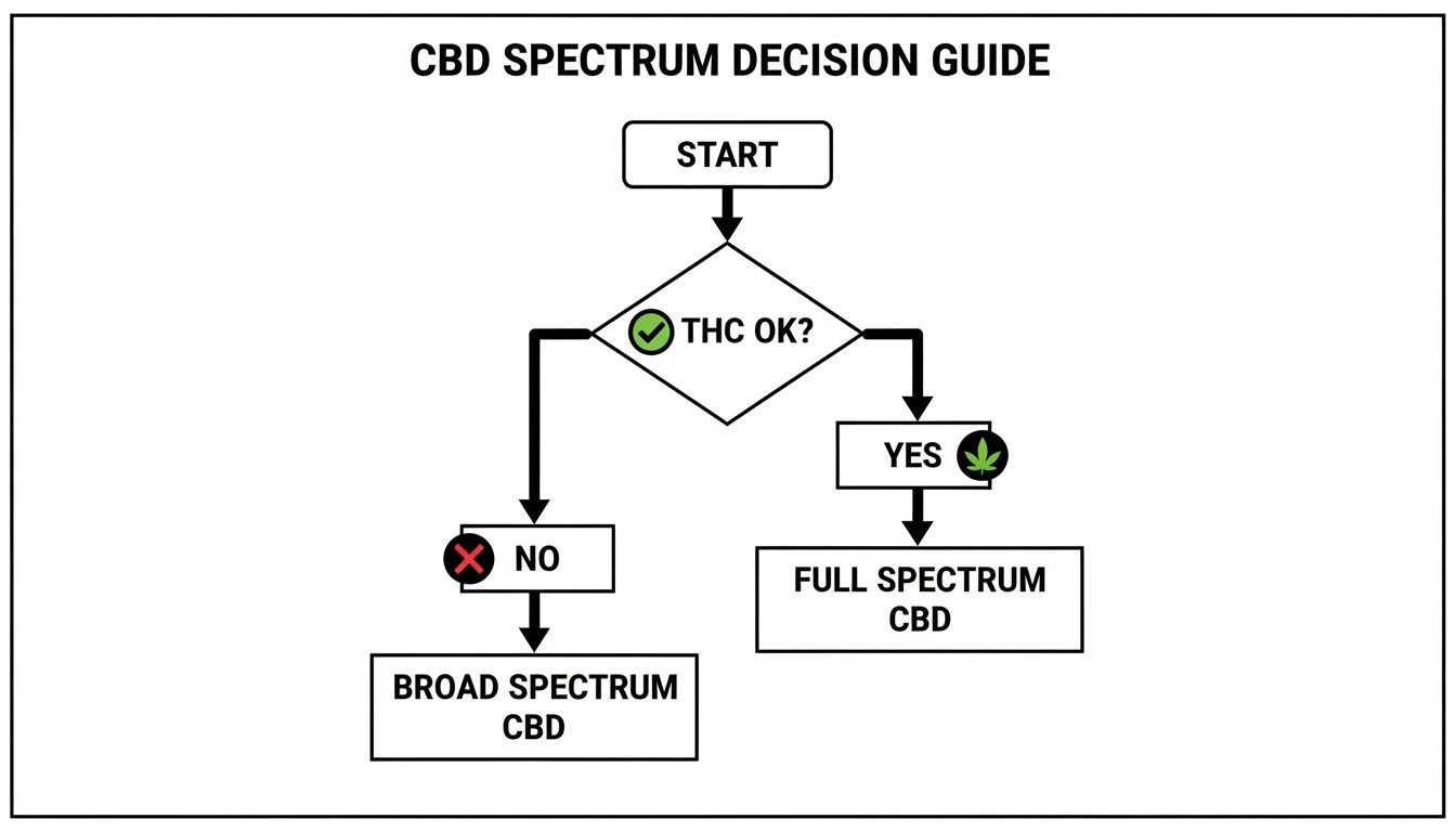 A flowchart guiding users to choose between full spectrum and broad spectrum CBD based on THC preference.