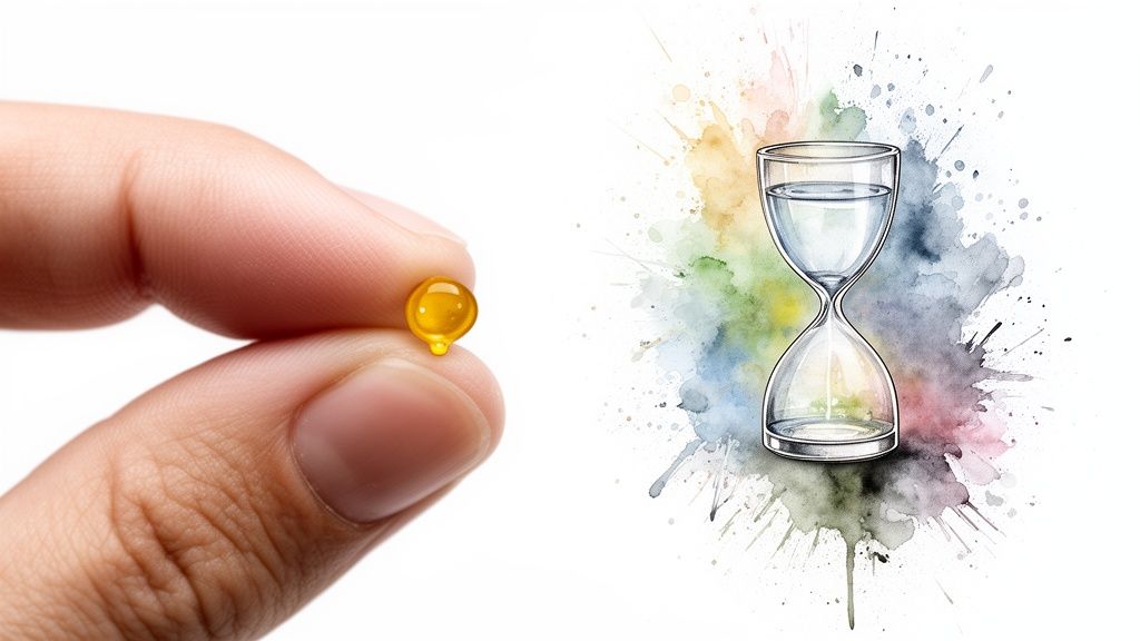 A hand holds a tiny golden capsule, with a watercolor hourglass filled with water on the right.