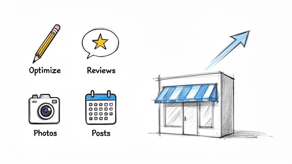 Illustration showing optimize, reviews, photos, and posts icons leading to growth for a local business storefront.