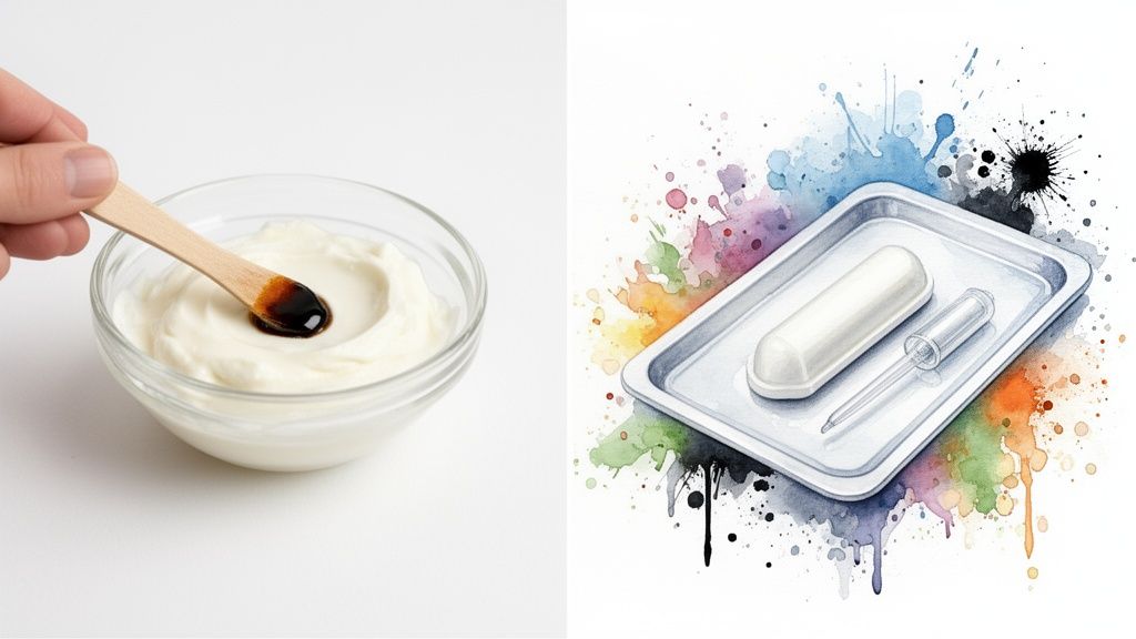 Hand spoons dark oil into yogurt, beside a medical tray with a white suppository and dropper.